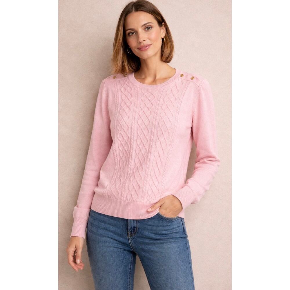 Talbots Cable Knit Sweater Button Detail Pink Lambswool Blend Size Extra Large‎